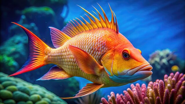 Close-Up Of A Vibrant, Orange-Scaled Hogfish With Blue Lips And A Spiky Dorsal Fin, Captured In A Marine Environment.