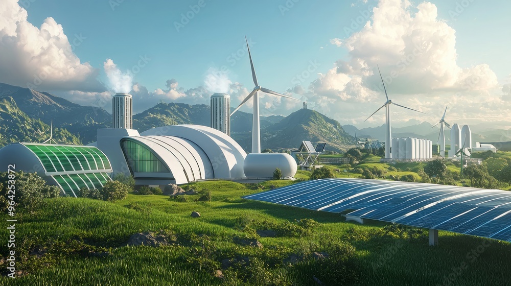 Wall mural Sustainable energy facility with wind turbines, solar panels, and modern buildings in a green mountainous landscape.