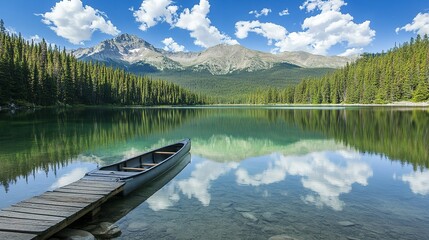 A calm canoe rests on the dock of a pristine mountain lake surrounded by lush forests on a sunny day