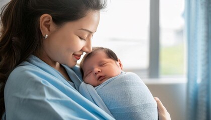 Newborn Baby Swaddled in Blue Blanket Cradled by Mother in Hospital Room