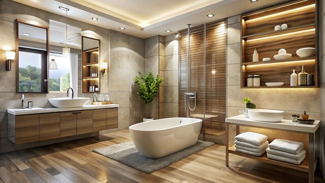 Modern bathroom interior design concept. Perfect for: Interior design expos, home improvement showcases, bathroom decor catalogs
