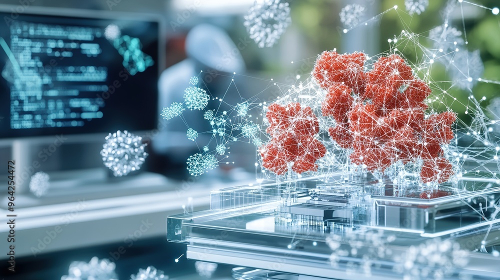 Poster advanced simulation of viral particles interacting with cells displayed on a computer in a high-tech