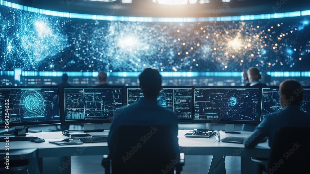 Poster people analyze vast cosmic data in a futuristic control room equipped with advanced technology and m