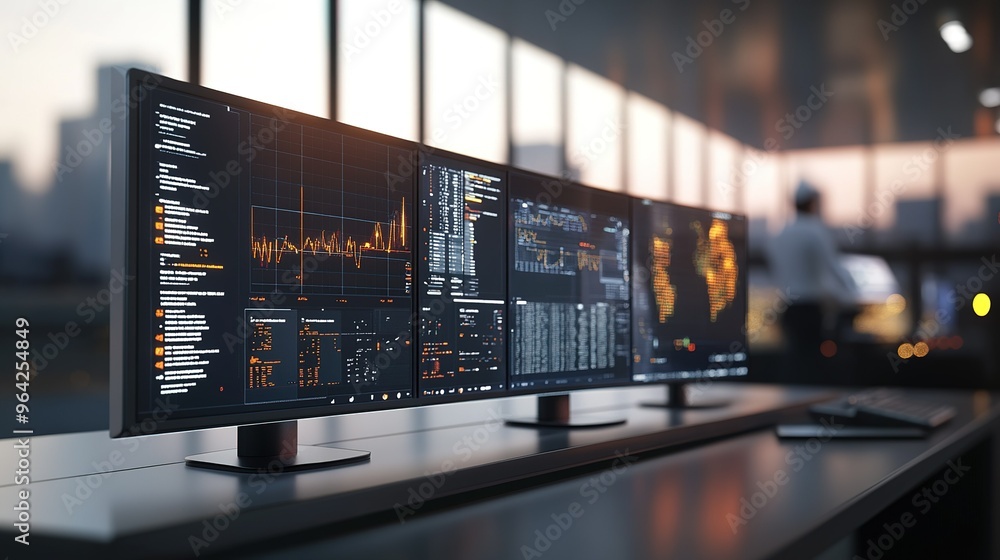 Poster a modern office workspace with multiple computer monitors displaying data analysis and visualization