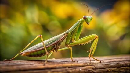 Close-up of a mantis in natural environment. Perfect for: Wildlife events, Insect exhibitions, Nature documentaries