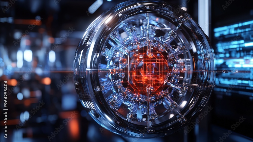 Poster a futuristic power source glowing with energy inside a high-tech laboratory, showcasing advanced tec