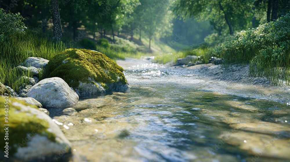 Poster a serene stream flows gently through a lush green forest with sunlight filtering through the trees i