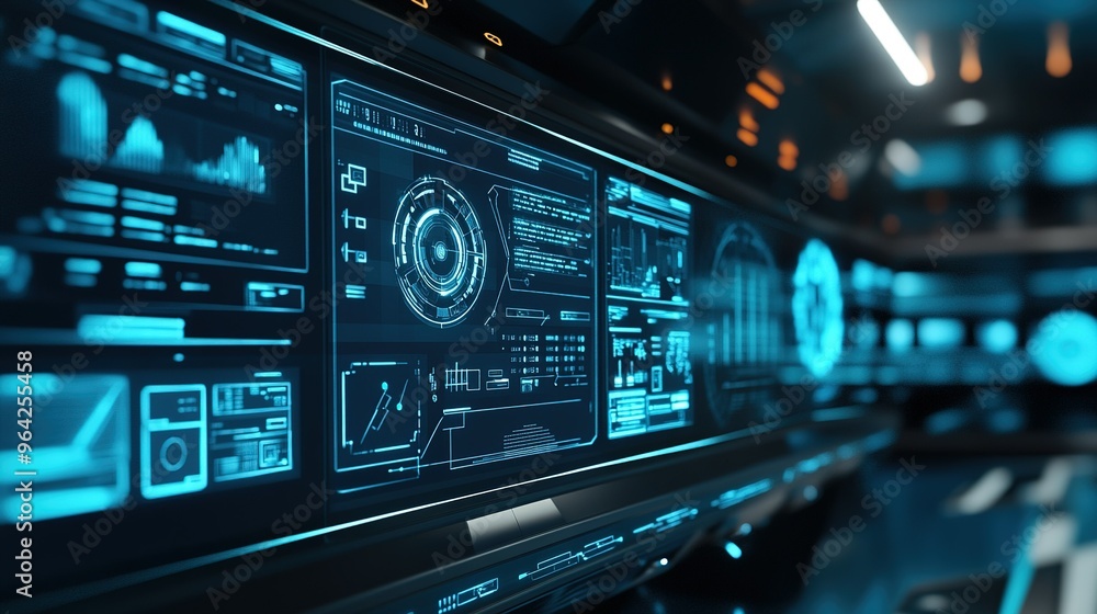 Poster futuristic digital control panel displaying data analytics in a high-tech environment