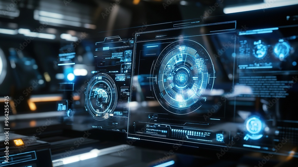 Poster futuristic control room with digital interfaces and holographic displays showcasing advanced technol