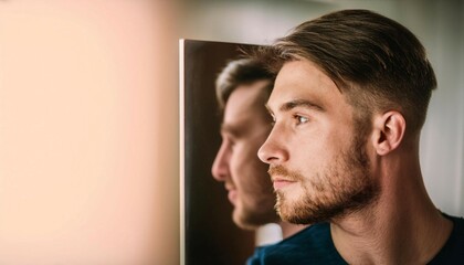 Obraz premium Person looking at themselves in a mirror, representing self reflection, identity, and self awareness.