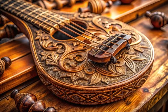 Close-Up Shot Of A Dotara, A Folk Stringed Musical Instrument, With Intricate Carvings And Rustic Texture