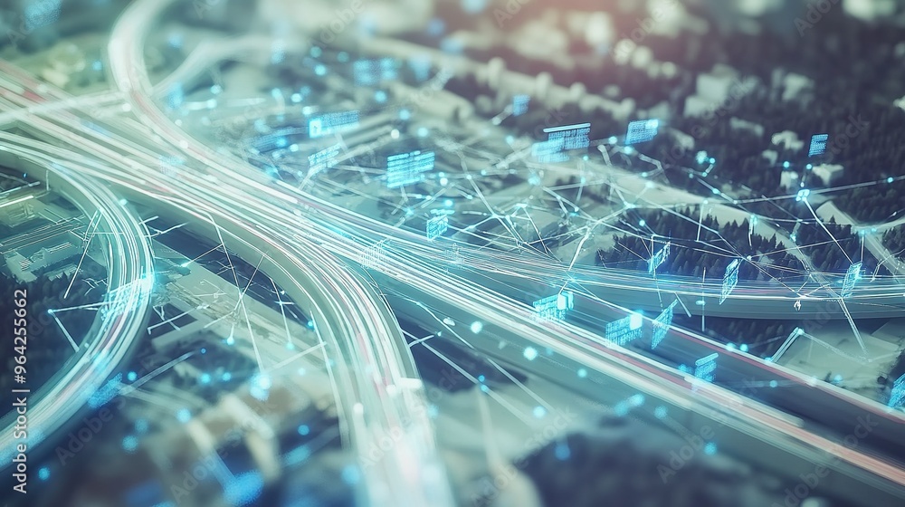 Poster aerial view of a complex highway interchange illuminated with digital data overlays representing mod