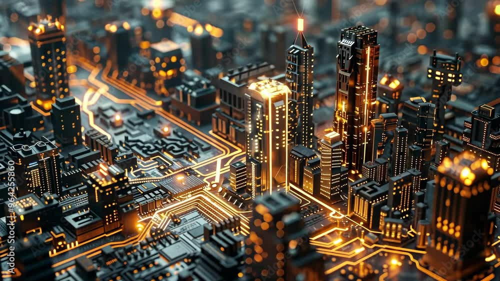 Aufkleber exploring a futuristic cityscape with glowing circuits and advanced technology elements