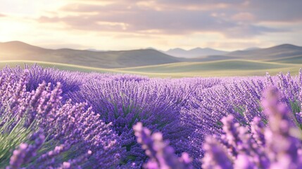Obraz premium Lavender fields in full bloom under a sunset sky in a serene rural landscape, with rolling hills and mountains in the background