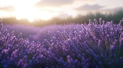 Obraz premium Lavender field at sunset showcasing vibrant purple flowers under a golden sky in the countryside