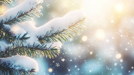 Snow-covered pine branches glistening in sunlight with falling snowflakes on a tranquil winter day in a serene forest setting