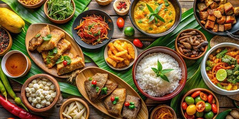 Fototapeta premium Colorful And Vibrant Assortment Of Traditional Filipino Dishes Featuring Rice, Noodles, Stews, And Desserts