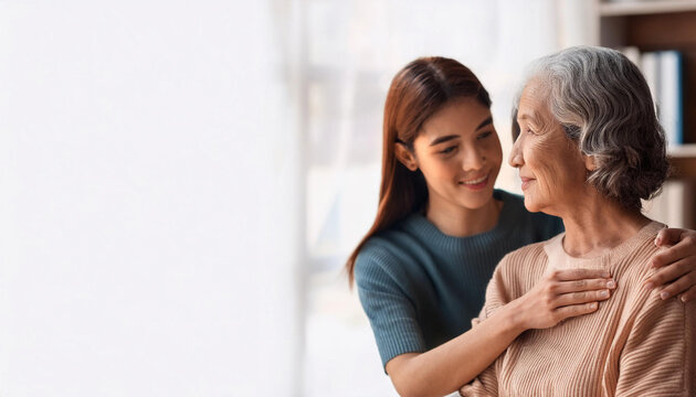 Close-Up Depiction of a Woman Assisting an Elderly Person with Care and Support