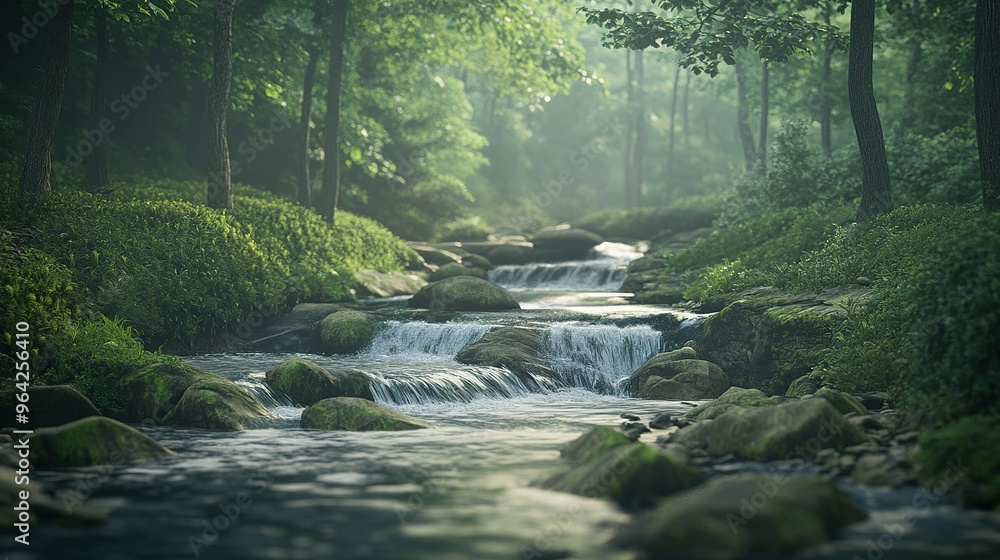 Poster a tranquil river flowing through a lush forest with dappled sunlight filtering through the trees in 