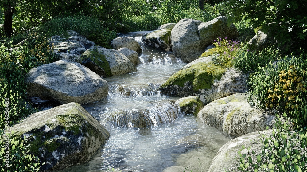 Poster a serene stream flows over smooth rocks surrounded by lush greenery in a tranquil natural setting