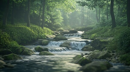 Obraz premium A tranquil river flowing through a lush forest with dappled sunlight filtering through the trees in a serene natural setting