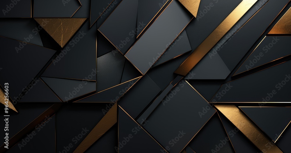 Poster a modern abstract background featuring geometric shapes in dark tones with gold accents, suitable fo