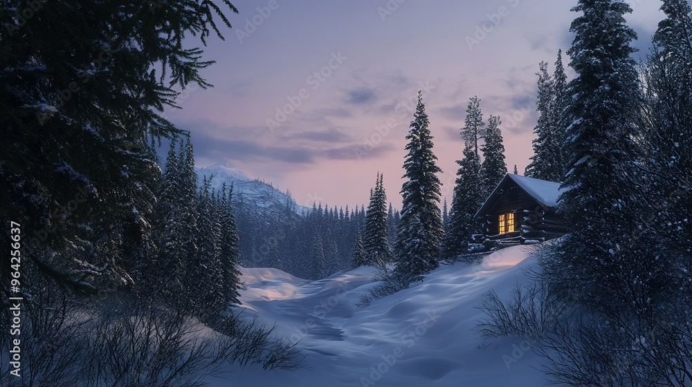 Poster cozy cabin nestled in a snow-covered forest at twilight with a warm glow emanating from the windows