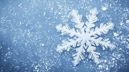 A single, large snowflake rests on a frosty, blue background.