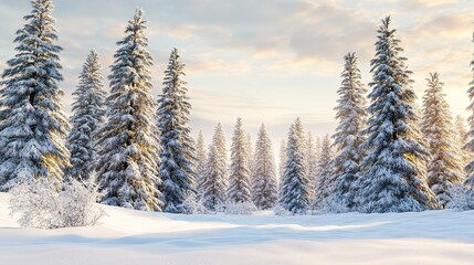 Fototapeta premium Winter landscape with snow-covered pine trees at sunrise in a tranquil forest setting