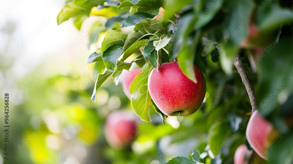 Poster close-up of red apples hanging from a tree branch.