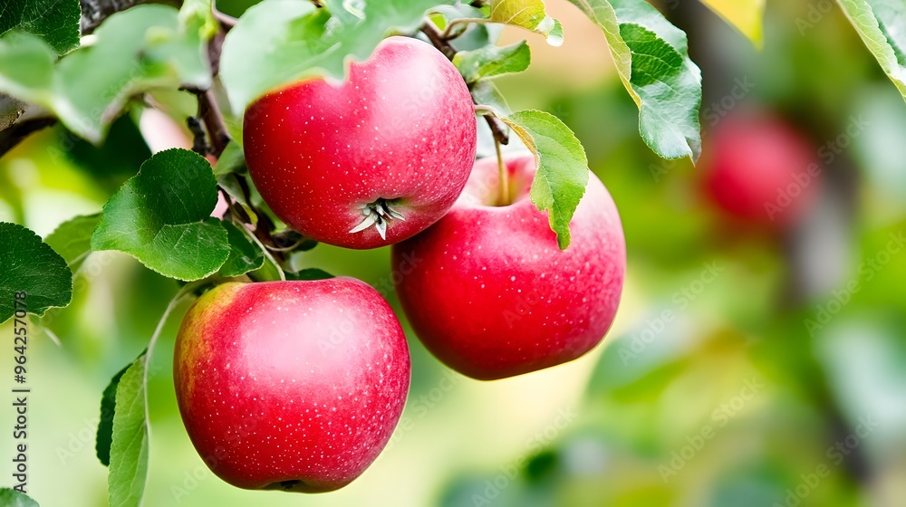 Poster close-up of three red apples hanging from a tree branch.