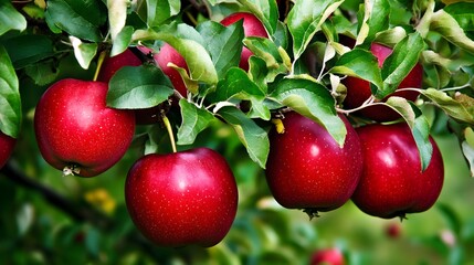 Obraz premium Close-up of red apples hanging on a branch.