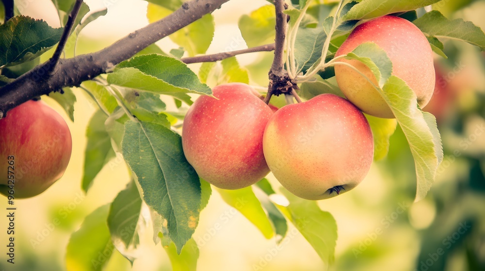 Poster close-up of ripe red apples hanging from a tree branch.