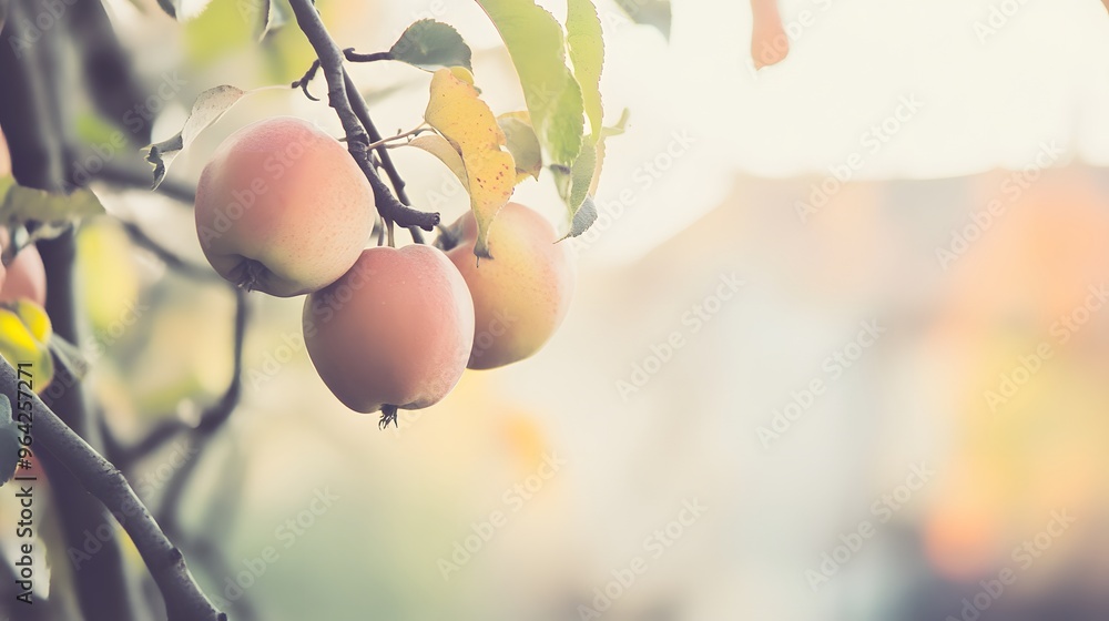 Poster close-up of ripe apples hanging from a tree branch.