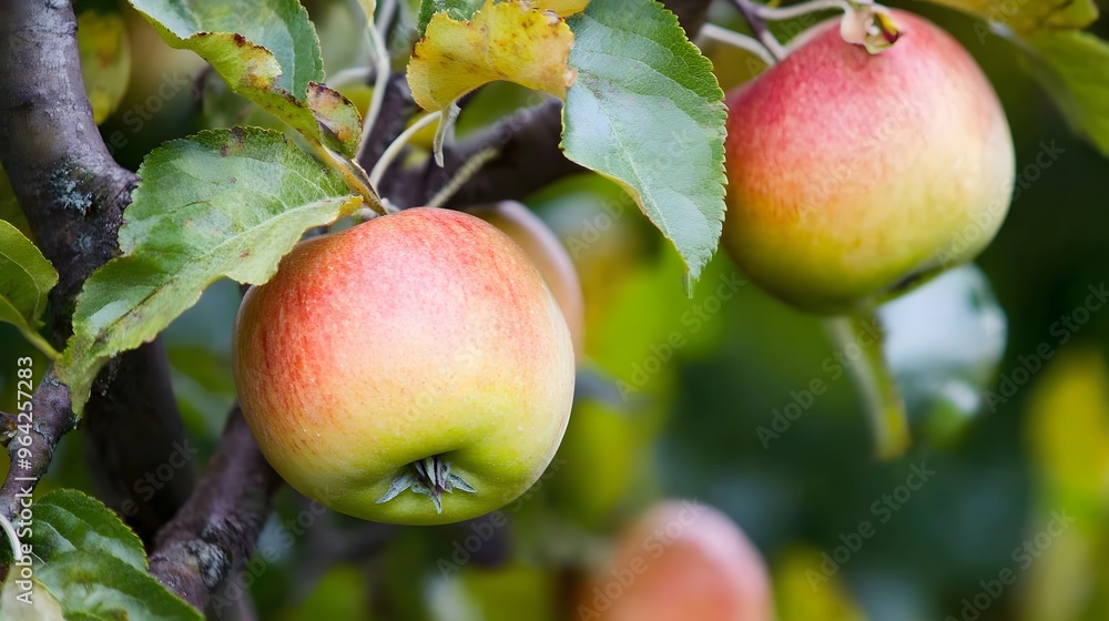 Poster red and yellow apples hanging from a tree branch.
