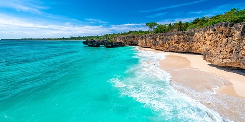 idyllic tropical beach scene with azure waters, foamy waves, and lush foliage under a clear blue sky - a perfect escape to paradise.