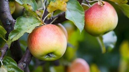 Obraz premium Red and yellow apples hanging from a tree branch.