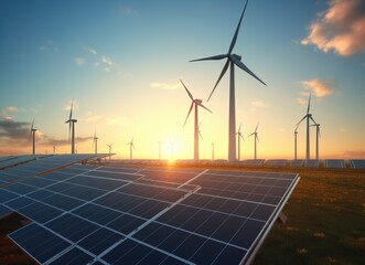 Solar Panel and Wind Turbines in Windmill Power Plant
