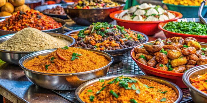Colorful Street Vendor Display Featuring Traditional Nigerian Dishes Such As Egusi Soup, Fufu, Amala, And Jollof Rice
