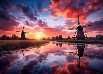 Group of Windmills by River