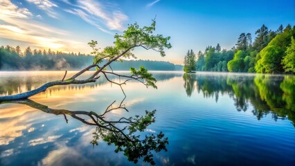 A delicate branch stretches across the surface of a still morning lake, surrounded by a halo of watercolors in soothing shades of blue and green.