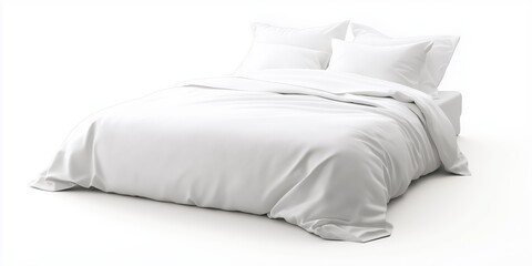A white bed with a white comforter and white pillows. The bed is unmade and the pillows are not arranged