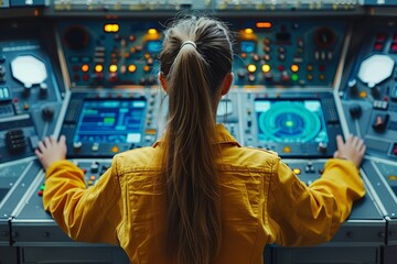 Woman Controls High-Tech System, Monitoring Processes in Modern Industrial Control Room