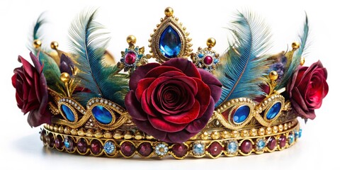 A lavish, intricate crown adorned with burgundy and blue feathers, diamonds, and a delicate rose, accented with a golden brim.