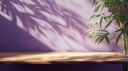 Brown wooden table counter top with sun bright and bamboo leaves in side purple wall