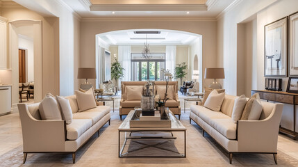 A spacious living room with transitional interior design, featuring a mix of classic and contemporary furniture, neutral color palette, and elegant decor pieces