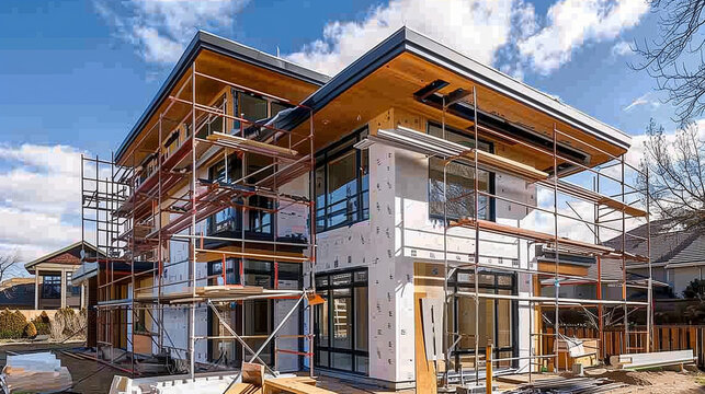 Modern House Under Construction with Scaffolding and Windows