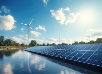 Solar Panel With Windmills in Background