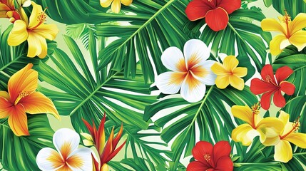Vibrant tropical flowers and lush leaves in a botanical arrangement showcasing nature's beauty and color diversity