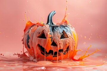 A spooky Halloween pumpkin covered in dripping orange and black paint splashes on a pastel pink backdrop, creating a bold look.